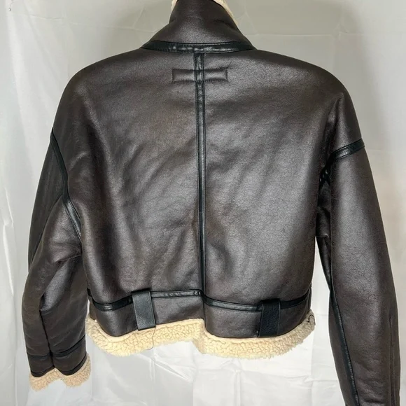 Zara Dark Brown Leather Jacket with Cream Shearling - Picture 3 of 7
